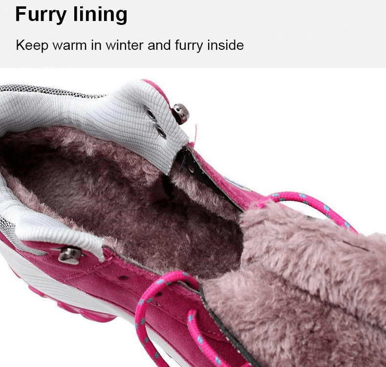 Close-up of a pink sports sneaker with furry lining, highlighting warmth and comfort for winter wear.